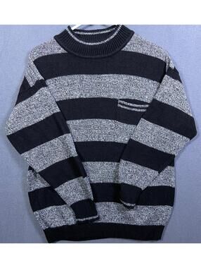 Vintage A' MILANO Bold Gray Black Stripe Turtleneck Sweater Size M 21x25 VTG
